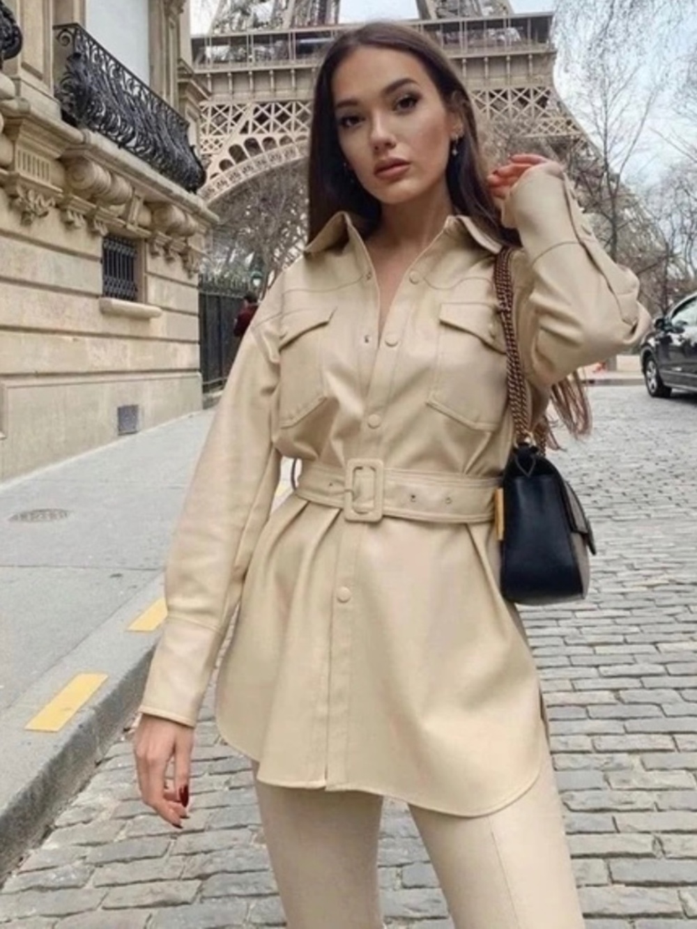 Zara faux leather shirt jacket In cream size XS EUC